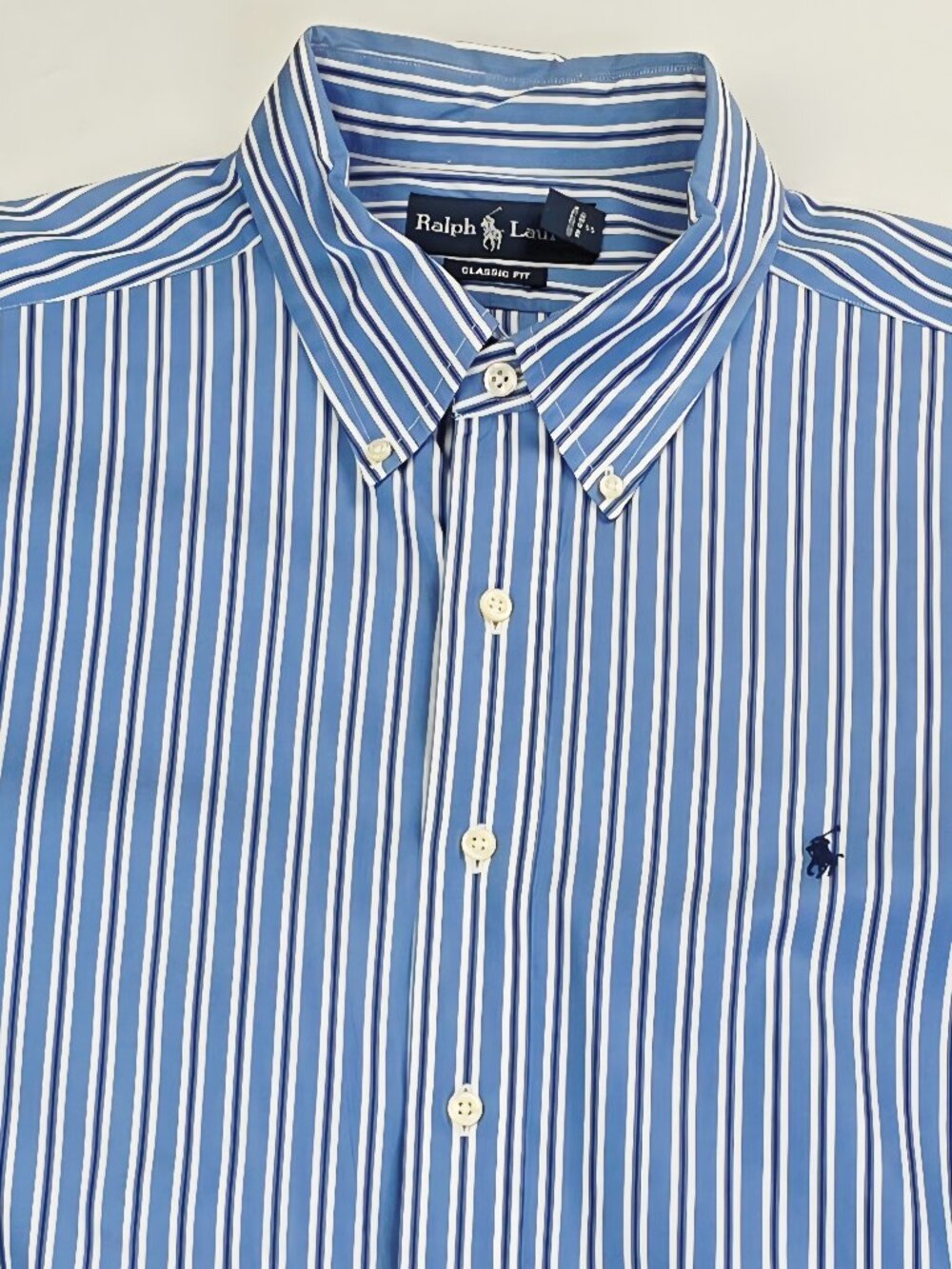 Ralph Lauren Classic Fit Blue White Stripe Sz 17.5 XL Men Button Down Logo Shirt